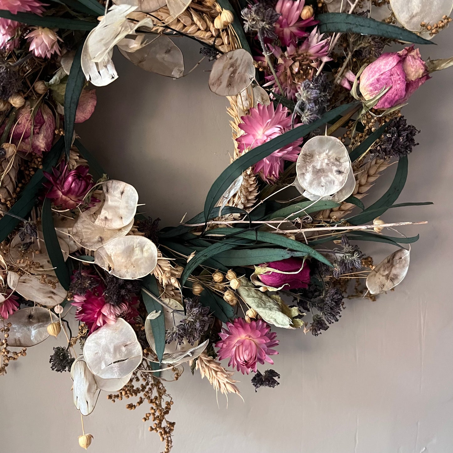 Colourful Dried Flower Wreath: Summer Decor, Handcrafted in Suffolk