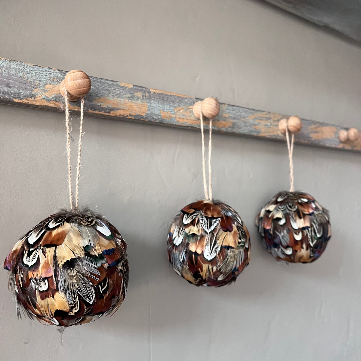 Pheasant Feather Christmas Bauble Set | Handmade Farmhouse Tree Decoration