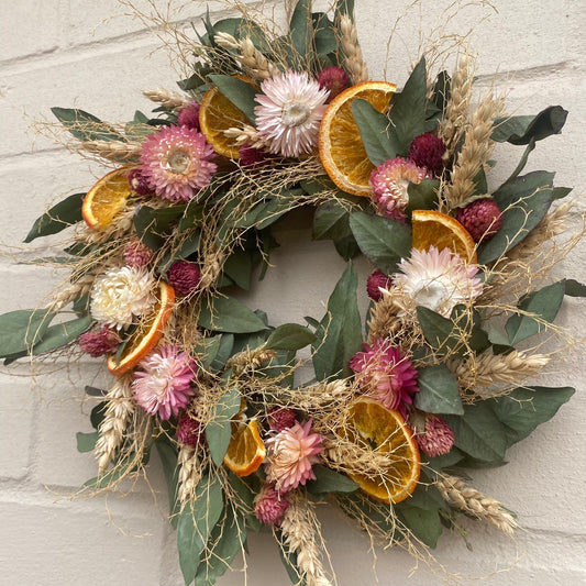 Everlasting flower | Dried flowers | Farmhouse style | Farmhouse home | Country living | Pink wreath | Farmhouse wreath | Summer | 22cm